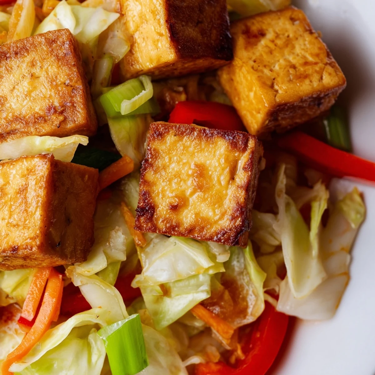 Crispy tofu cubes and tender green cabbage stir-fried with onion, carrot, and red pepper in a savory garlic-ginger sauce, served steaming in a white bowl.