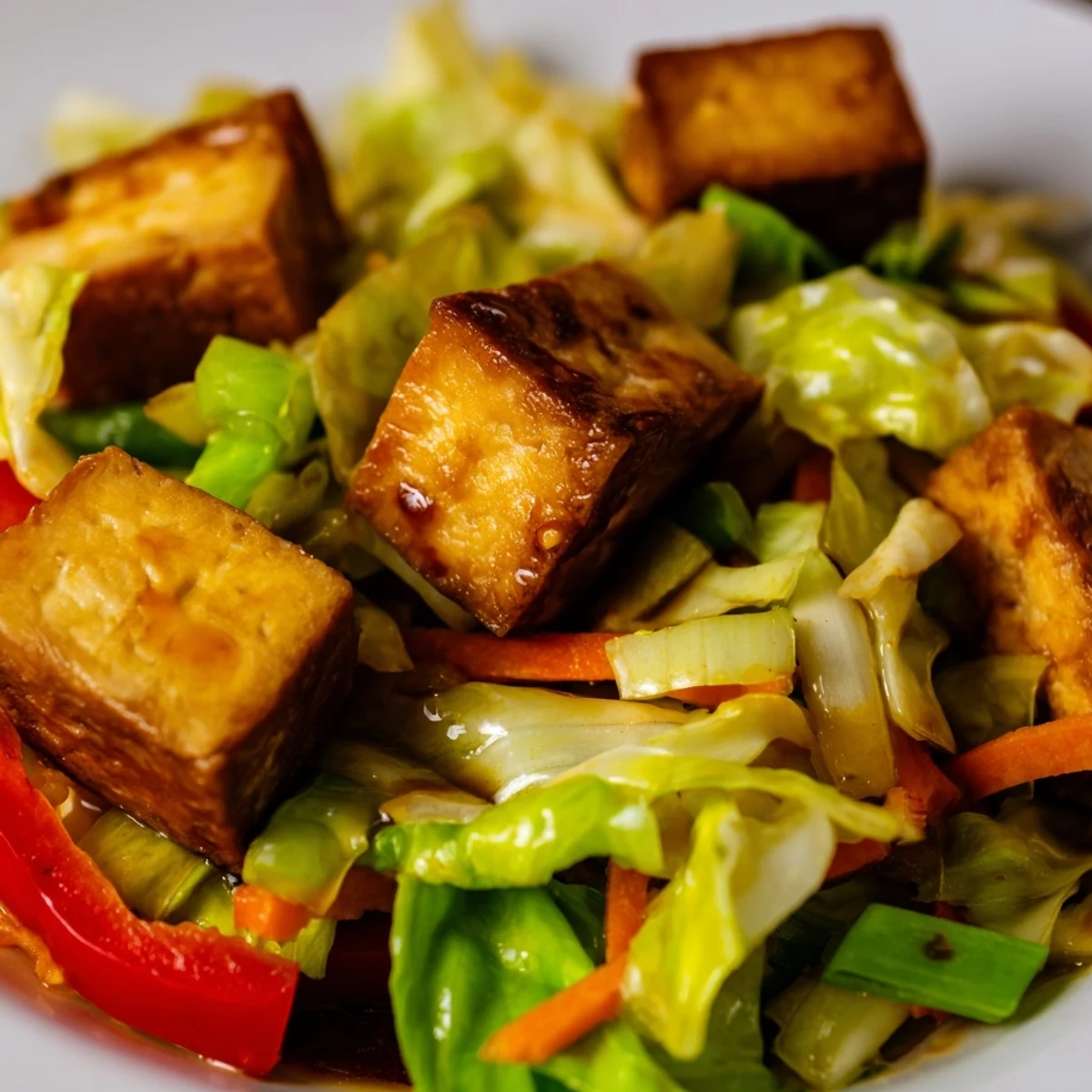 Stir Fried Tofu and Cabbage plated with chopsticks, featuring colorful sautéed vegetables and tofu, ready to enjoy as a healthy weeknight vegan dinner.
