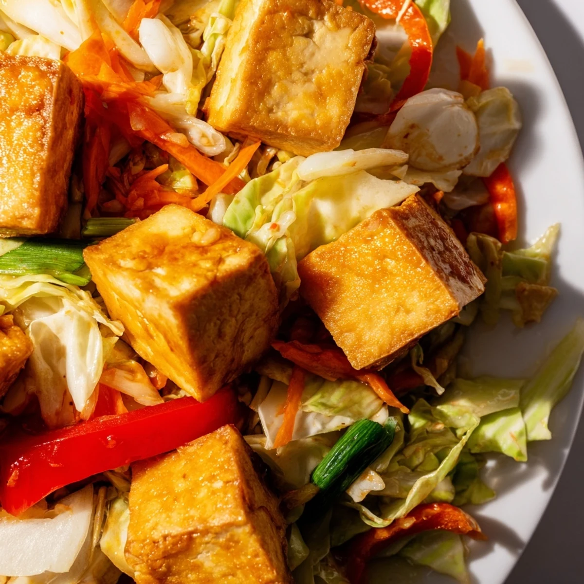A close-up view of Stir Fried Tofu and Cabbage, highlighting golden-brown tofu pieces coated in glossy sauce, with vibrant vegetables and fresh green scallions on top.