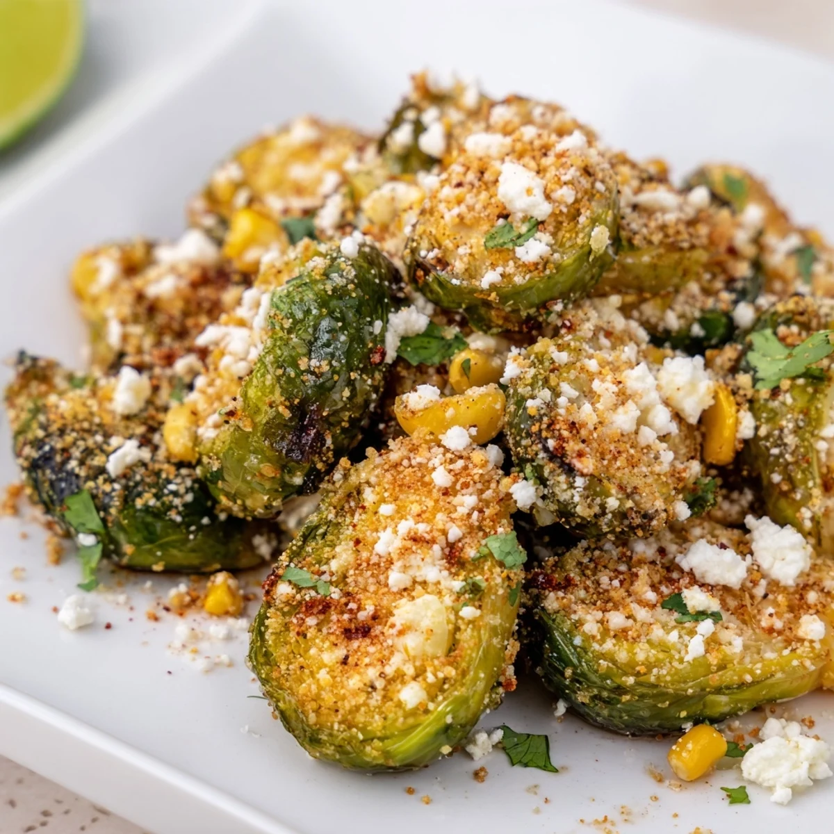 Crispy roasted Mexican Street Corn Brussels Sprouts tossed with creamy chili-lime dressing and crumbled cotija cheese.