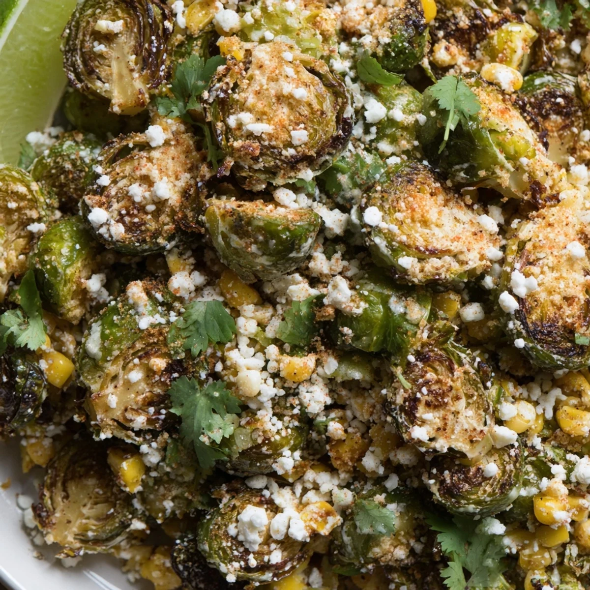 Freshly charred corn and chopped cilantro top warm Mexican Street Corn Brussels Sprouts on a rustic platter.