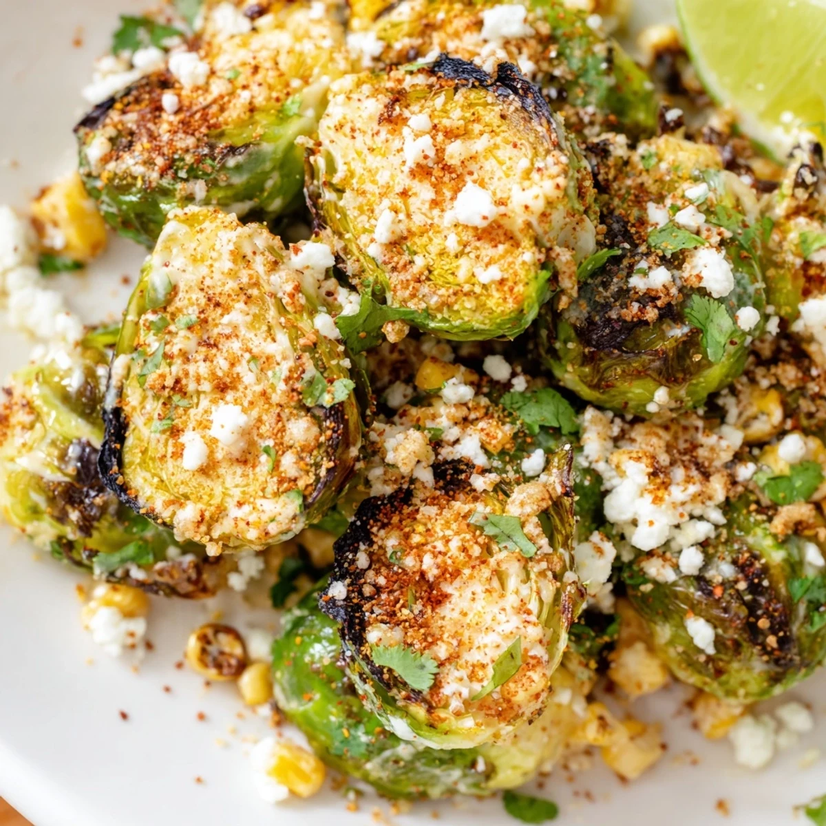 Golden brown Brussels sprouts in Mexican Street Corn Brussels Sprouts recipe served with lime wedges and scallions.
