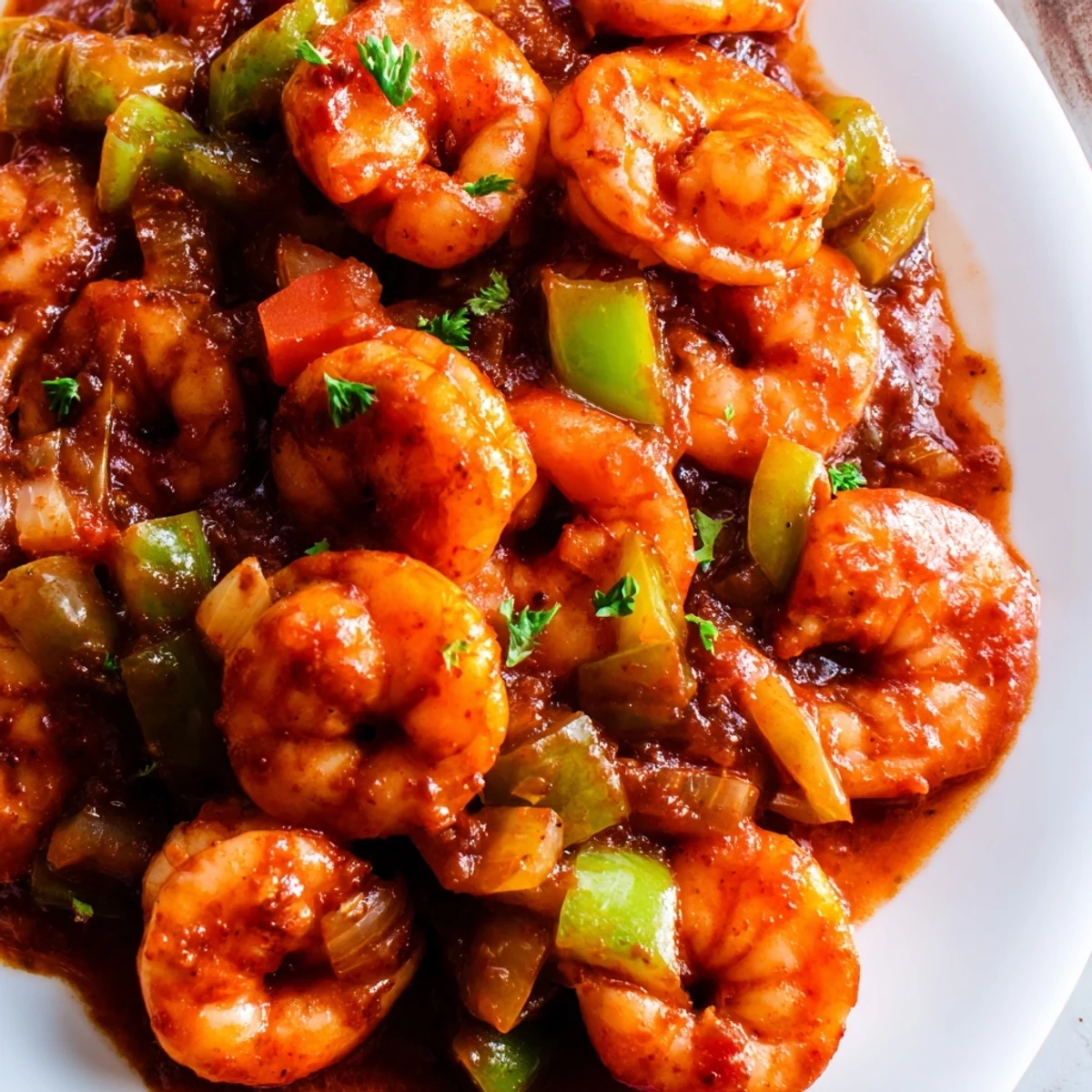 A close-up view of Bubba Gump Shrimp New Orleans in a sizzling skillet, featuring diced tomatoes, bell peppers, and a lemon wedge garnish.