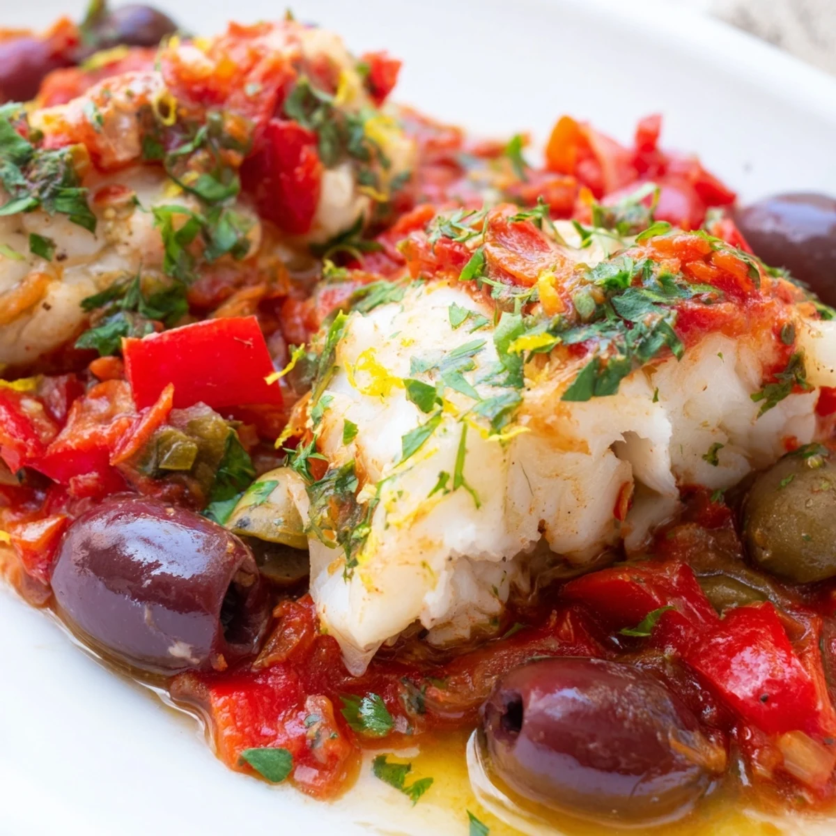 Baked Mediterranean Baked Cod With Olives in a rich tomato sauce with capers and fresh herbs.