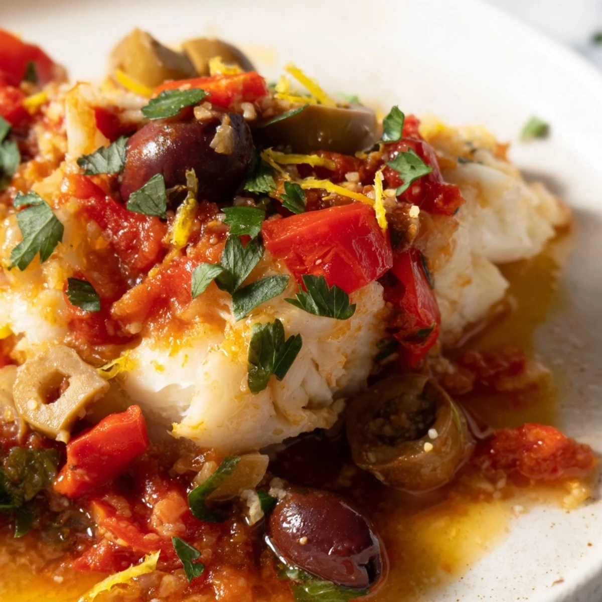 The Mediterranean Baked Cod With Olives rests in a skillet with briny olives and a tender flaky texture.