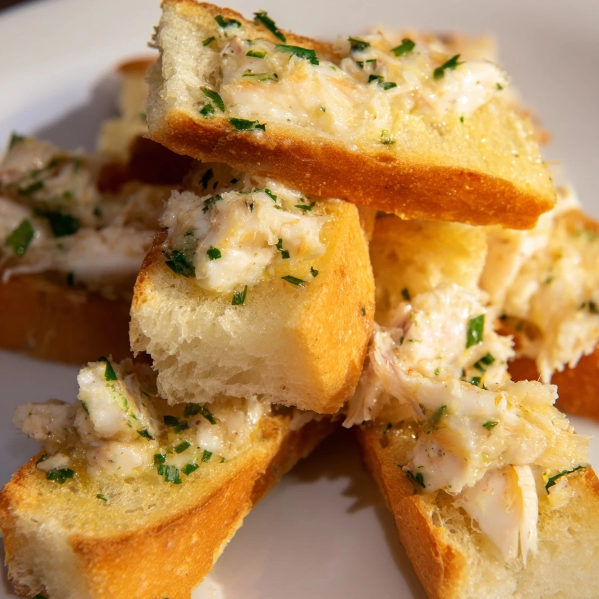 Golden Garlic Butter Crab Toasts are arranged on a white plate, topped with fresh chives and lemon wedges beside a wine glass.  