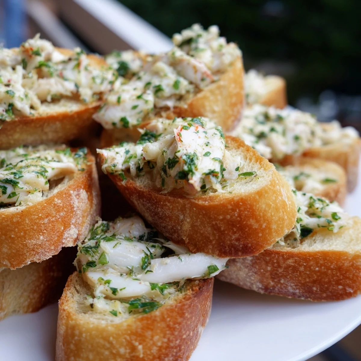 Serving suggestion for Garlic Butter Crab Toasts on a rustic wooden board, perfect for an elegant appetizer course.