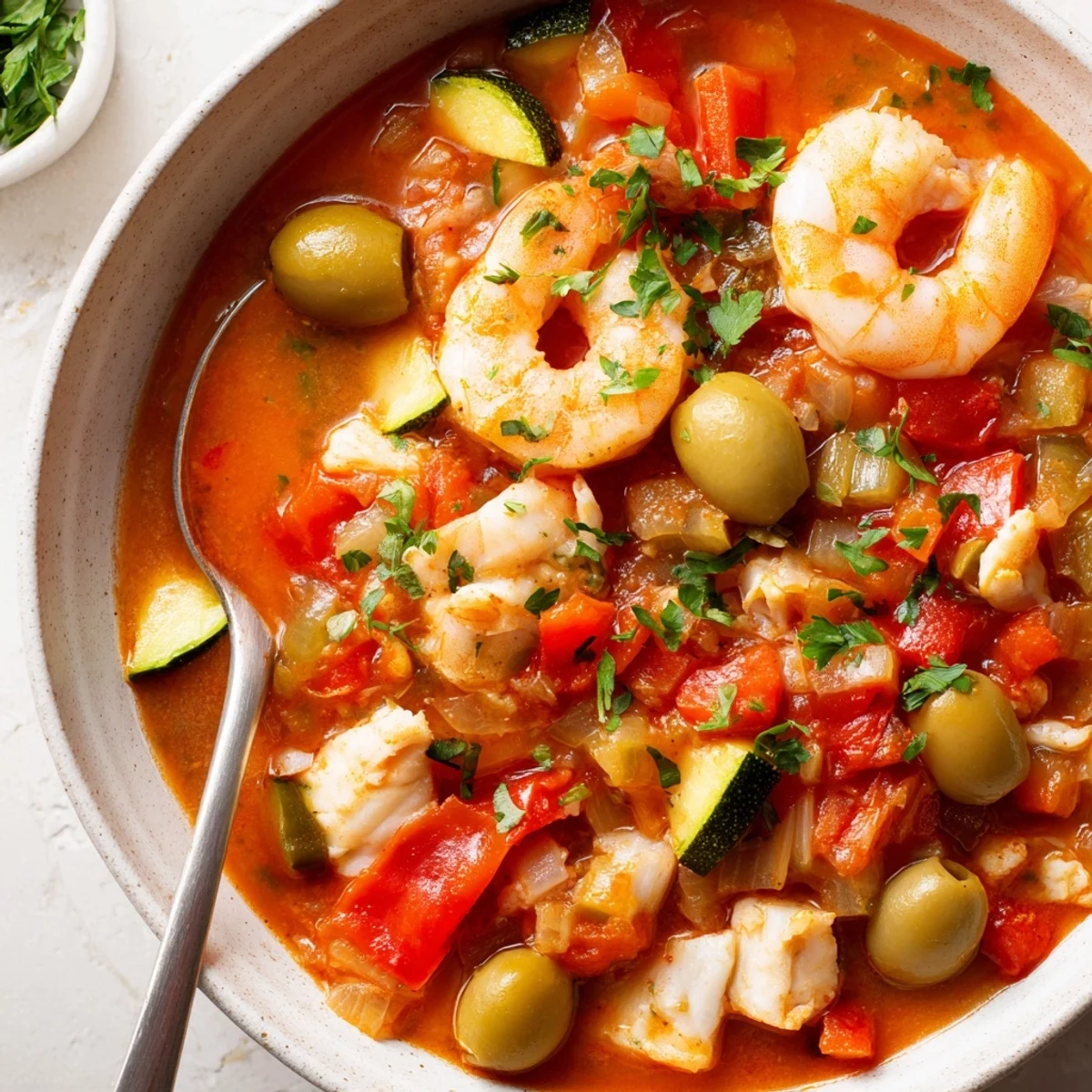 A close-up of Mediterranean Seafood Shrimp Chili with olives and fresh parsley garnish.