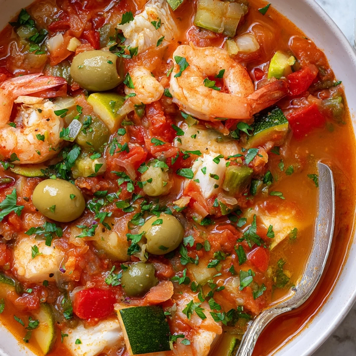 Serving suggestion for Mediterranean Seafood Shrimp Chili paired with lemon wedges and crusty gluten-free bread.