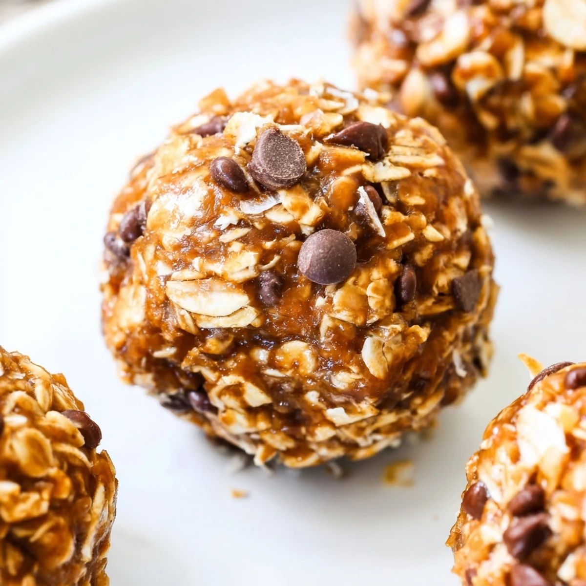 Golden-brown Easy No Bake Chocolate Chip Energy Bites arranged on a rustic wooden plate with oats and peanut butter drizzle.