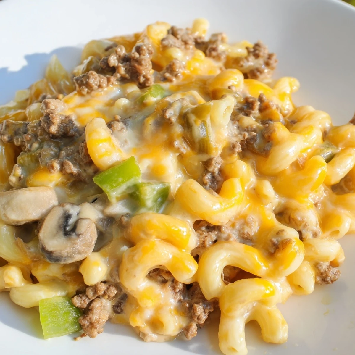Creamy Easy High Protein Philly Cheesesteak Mac with melted provolone and mozzarella on a rustic plate.
