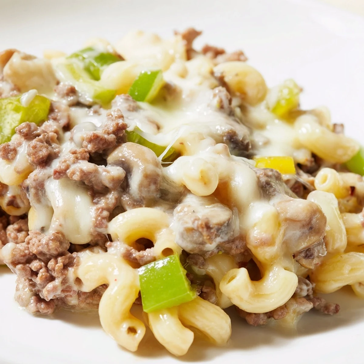 Savory Easy High Protein Philly Cheesesteak Mac featuring ground beef, peppers, onions, and mushrooms in skillet.