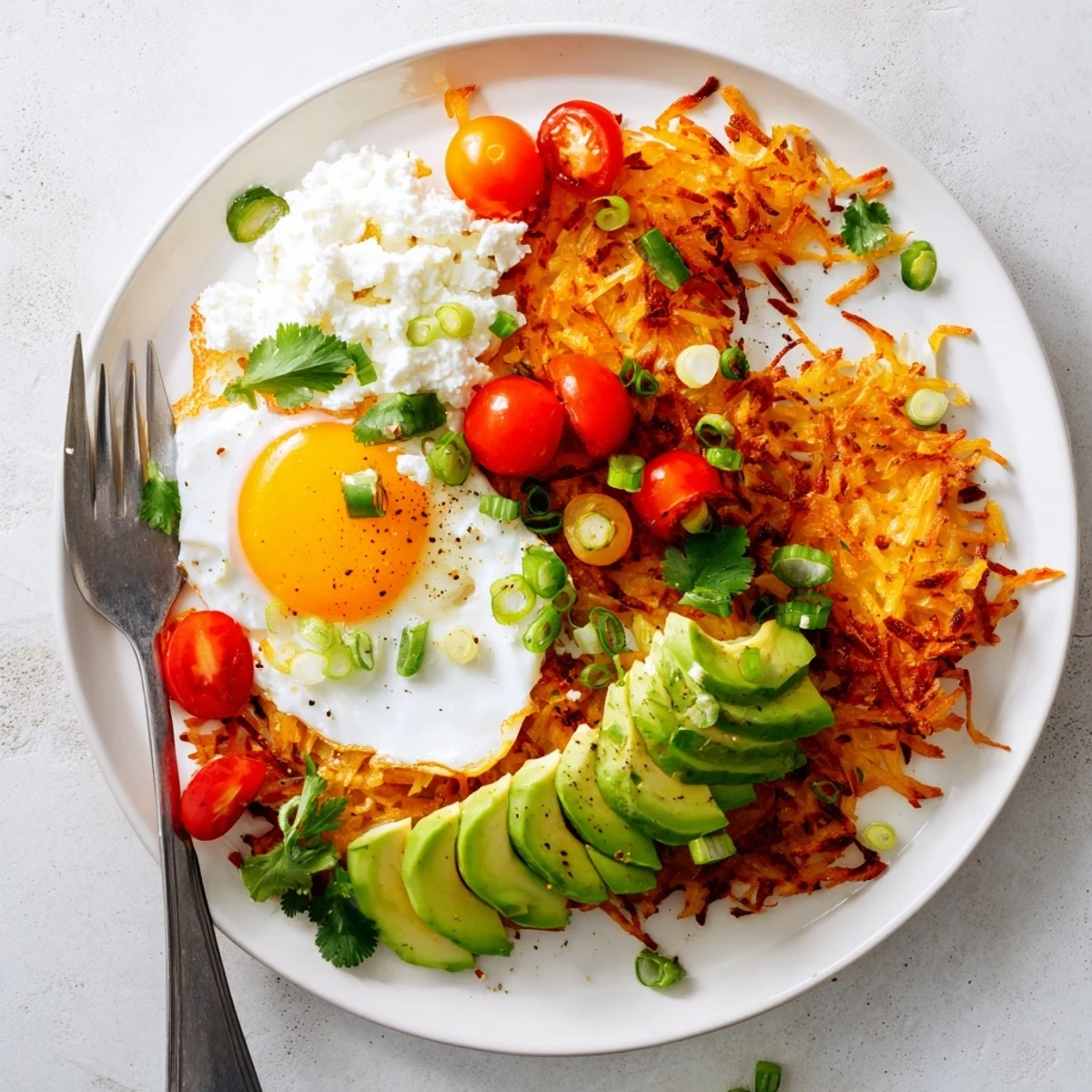 Crispy loaded hash browns topped with fluffy eggs, creamy avocado, and tangy cottage cheese for a hearty breakfast.