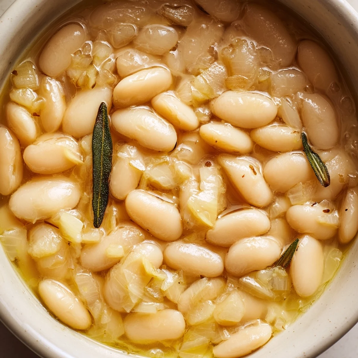 Steaming Tuscan White Beans in a rustic skillet, garnished with fresh rosemary and a drizzle of olive oil.
