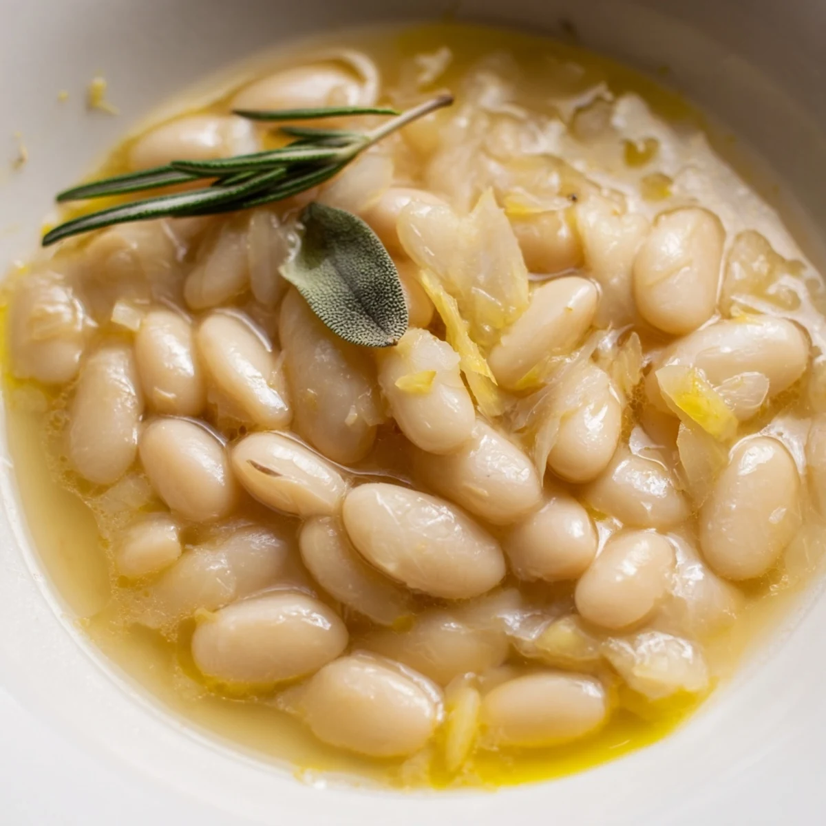 A close-up of creamy Tuscan White Beans, served alongside crusty Italian bread for dipping.
