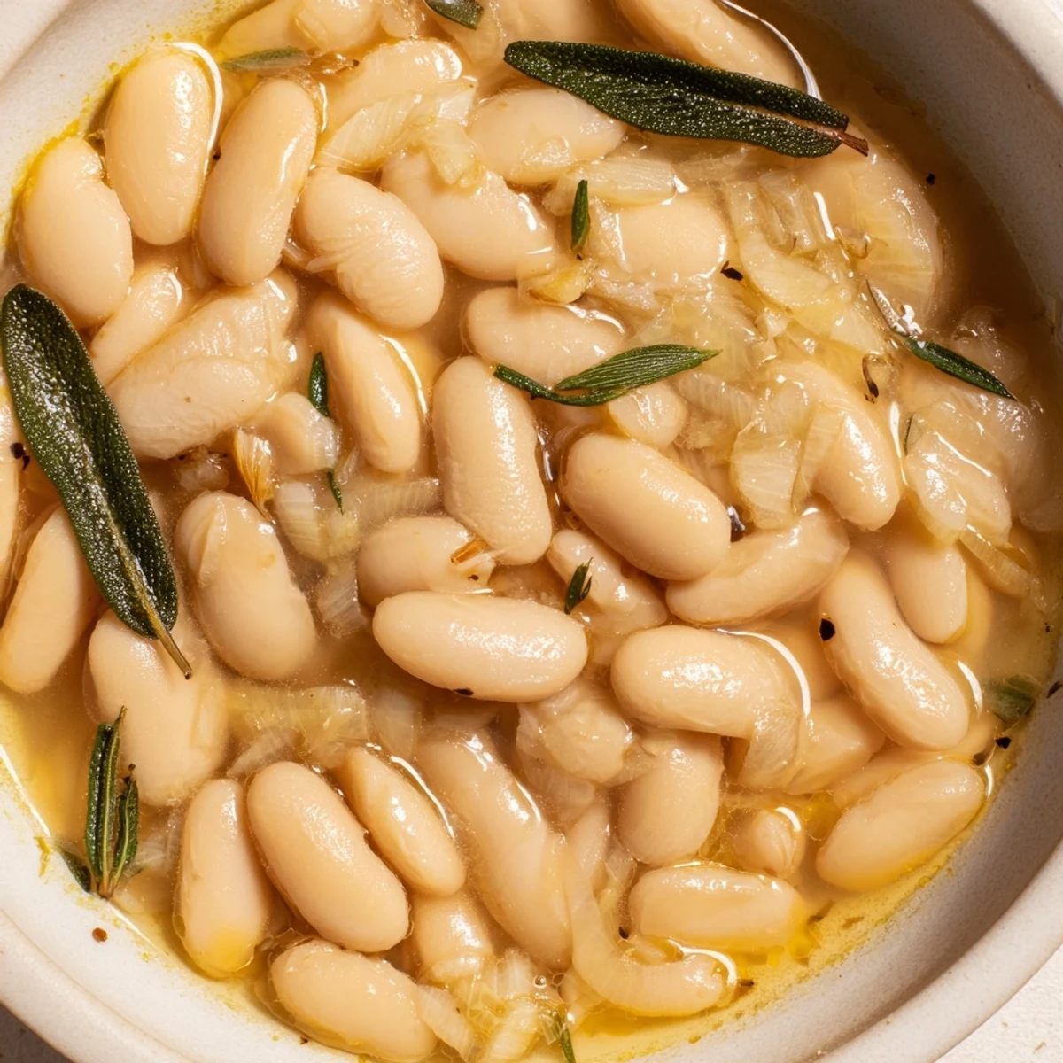 Warm Tuscan White beans simmered with garlic and sage, ready to be enjoyed as a hearty side.