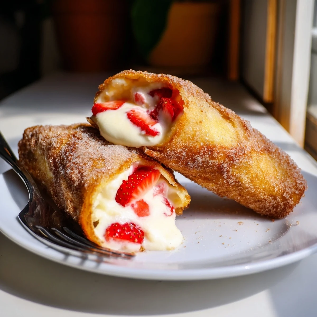 Crispy golden fried Cheesecake Dessert Chimichangas Cinnamon Sugar Delights filled with creamy cheesecake and fresh berries on a plate.