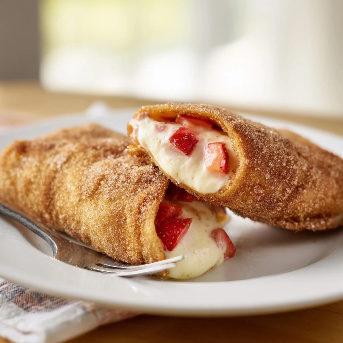 Warm serving of Cheesecake Dessert Chimichangas Cinnamon Sugar Delights on a rustic plate with chocolate sauce drizzle for dipping.