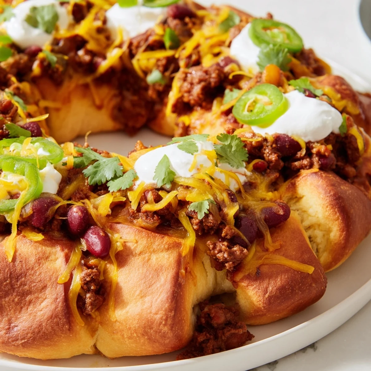 Freshly baked Beef Chili Taco Crescent Roll Ring with melted cheddar cheese and garnishes on a wooden table.