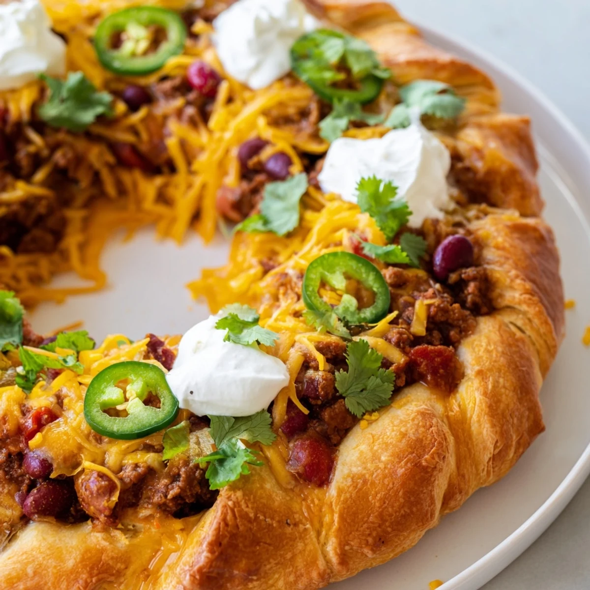 Golden Beef Chili Taco Crescent Roll Ring sliced open to reveal hearty beef, beans, and cheesy filling.