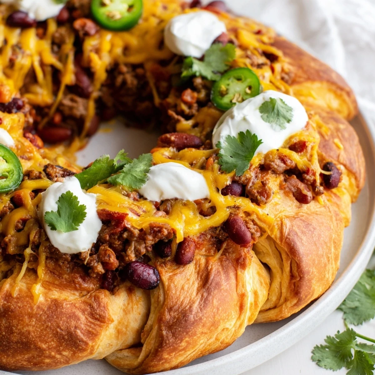 Family-style Beef Chili Taco Crescent Roll Ring served with sour cream, jalapeños, and fresh cilantro toppings.