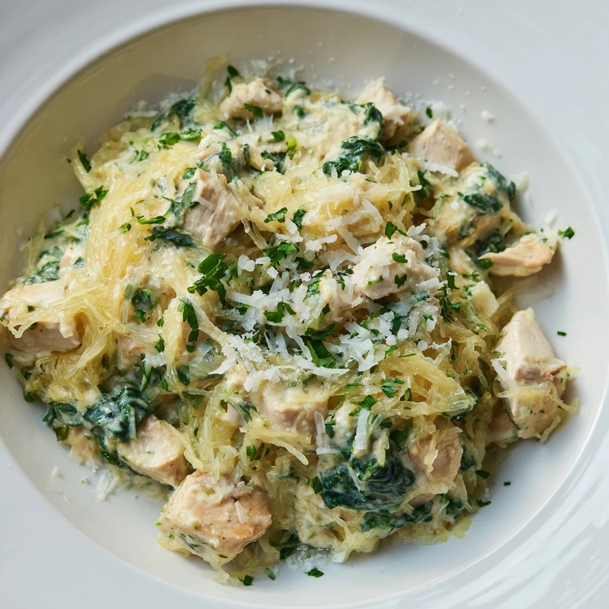 Tender chicken and wilted spinach in a creamy Parmesan sauce fill this Chicken and Spinach Spaghetti Squash Alfredo.