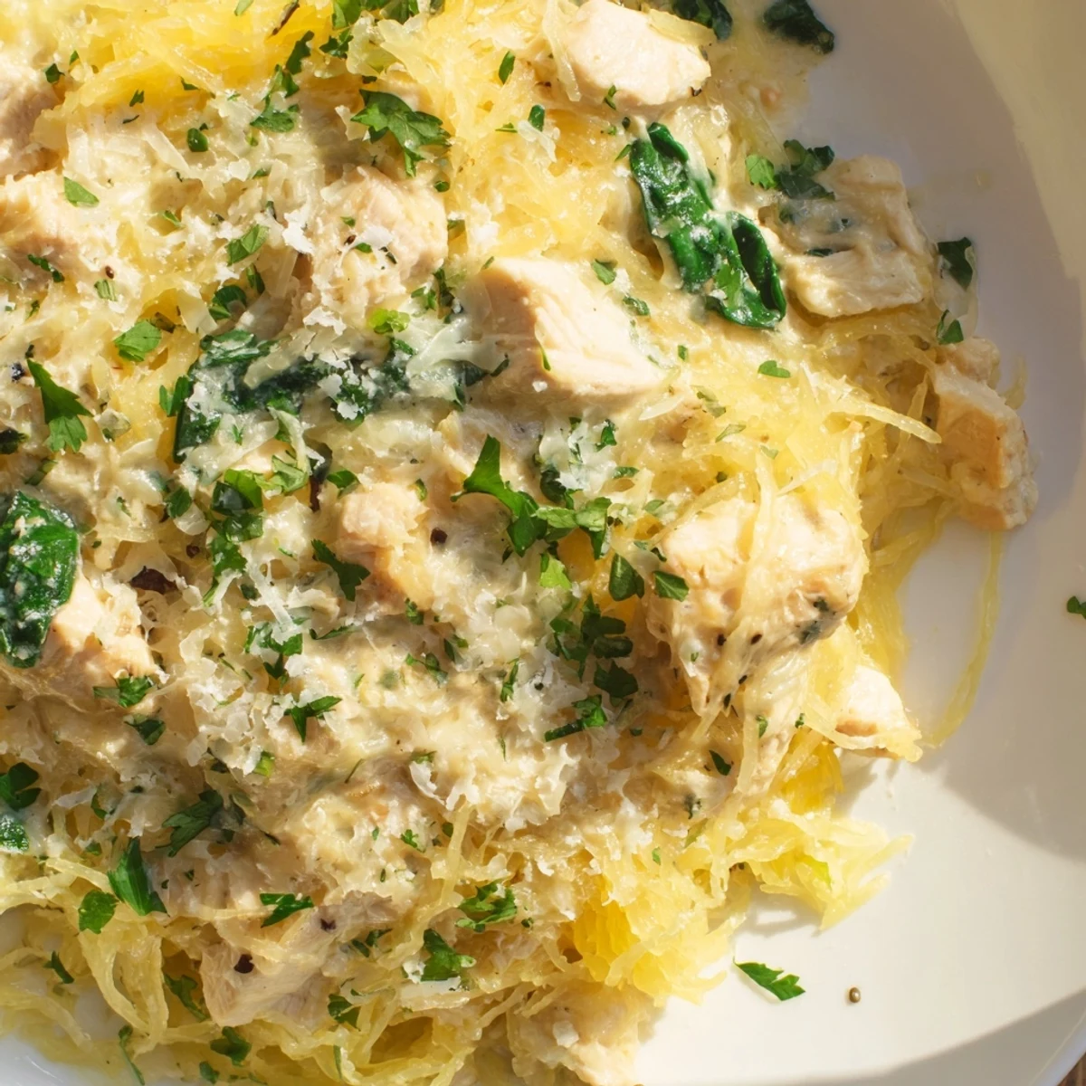 Roasted squash strands replace pasta for a delicious low-carb Italian-American dinner, garnished with fresh parsley.