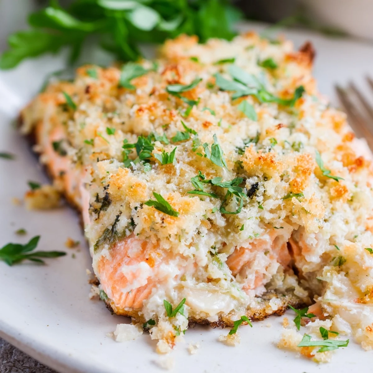 Golden-brown baked Crab & Shrimp Stuffed Salmon fillets with a creamy seafood filling, served on a white plate.