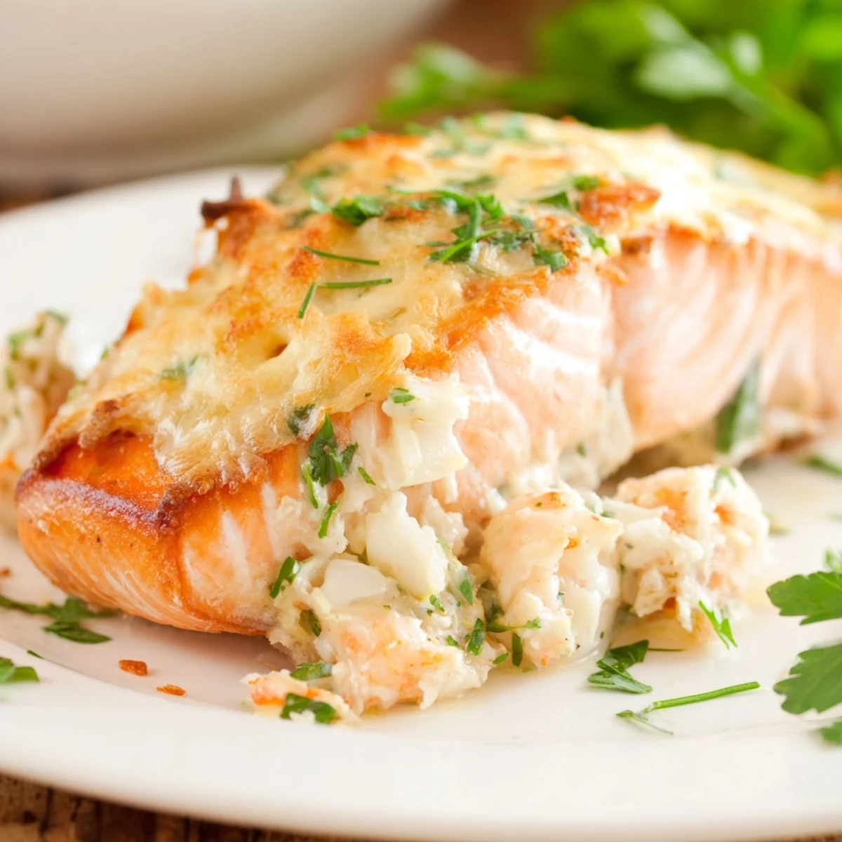 A close-up of Crab & Shrimp Stuffed Salmon revealing juicy crab, shrimp, and herbs stuffed inside the flaky fish.