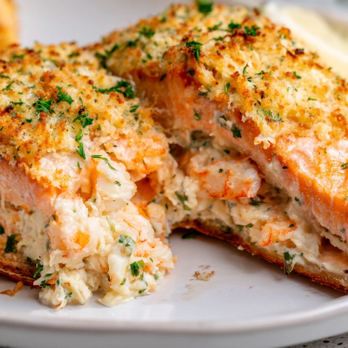 Perfectly cooked Crab & Shrimp Stuffed Salmon garnished with fresh parsley and lemon wedges for a zesty finish.