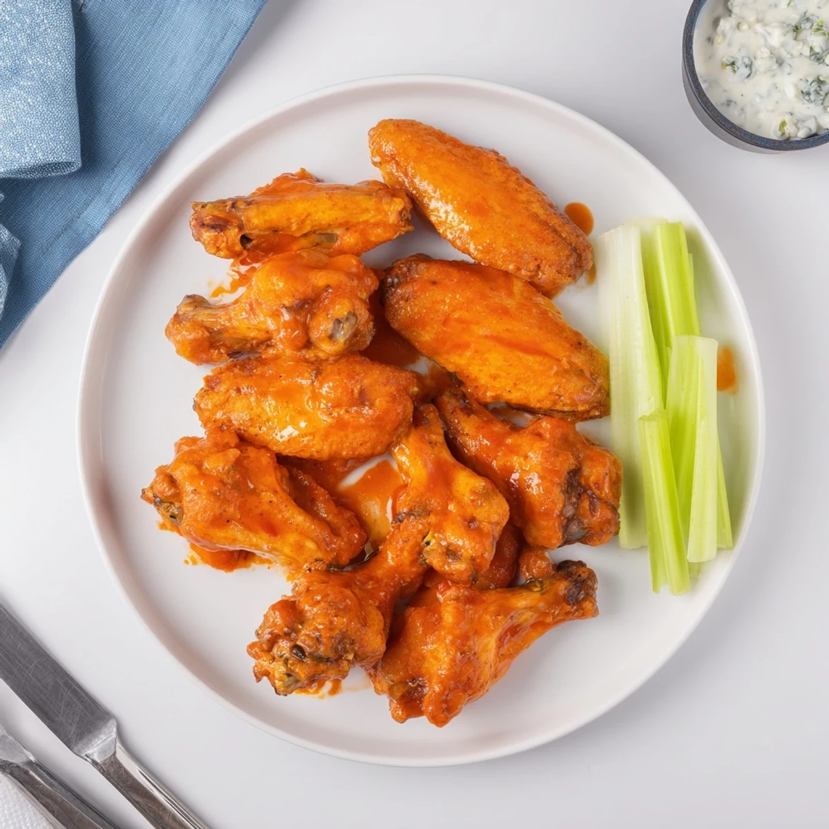 Golden-brown Crispy Smoked Buffalo Wings glisten with tangy sauce on a game day platter.  