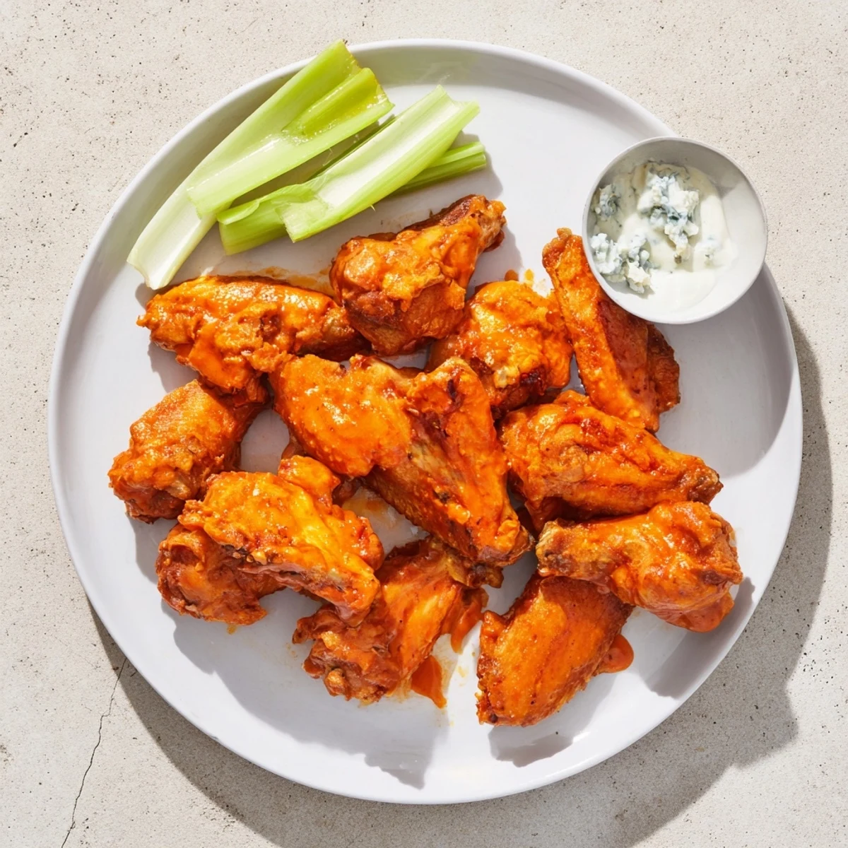 Close-up of Crispy Smoked Buffalo Wings showing smoky char and sticky buffalo sauce glaze.