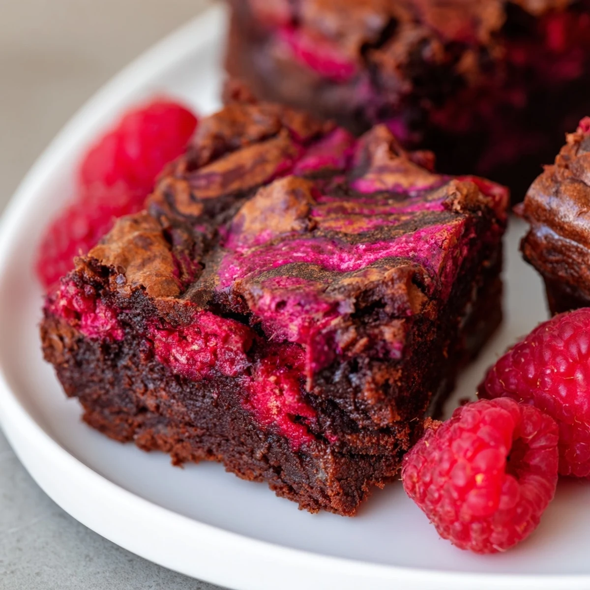 Decadent Raspberry Swirl Brownies showcase rich fudgy chocolate and tangy red berry ribbons on a marble cutting board.