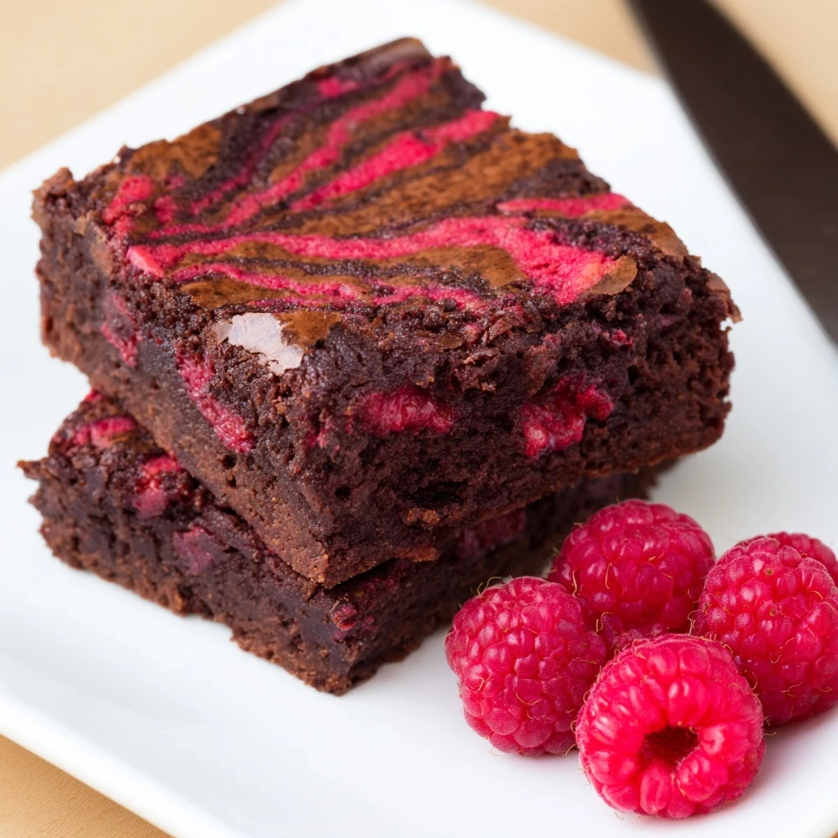 A close-up of homemade Raspberry Swirl Brownies reveals a moist, crackly top and vibrant berry swirls perfect for dessert.
