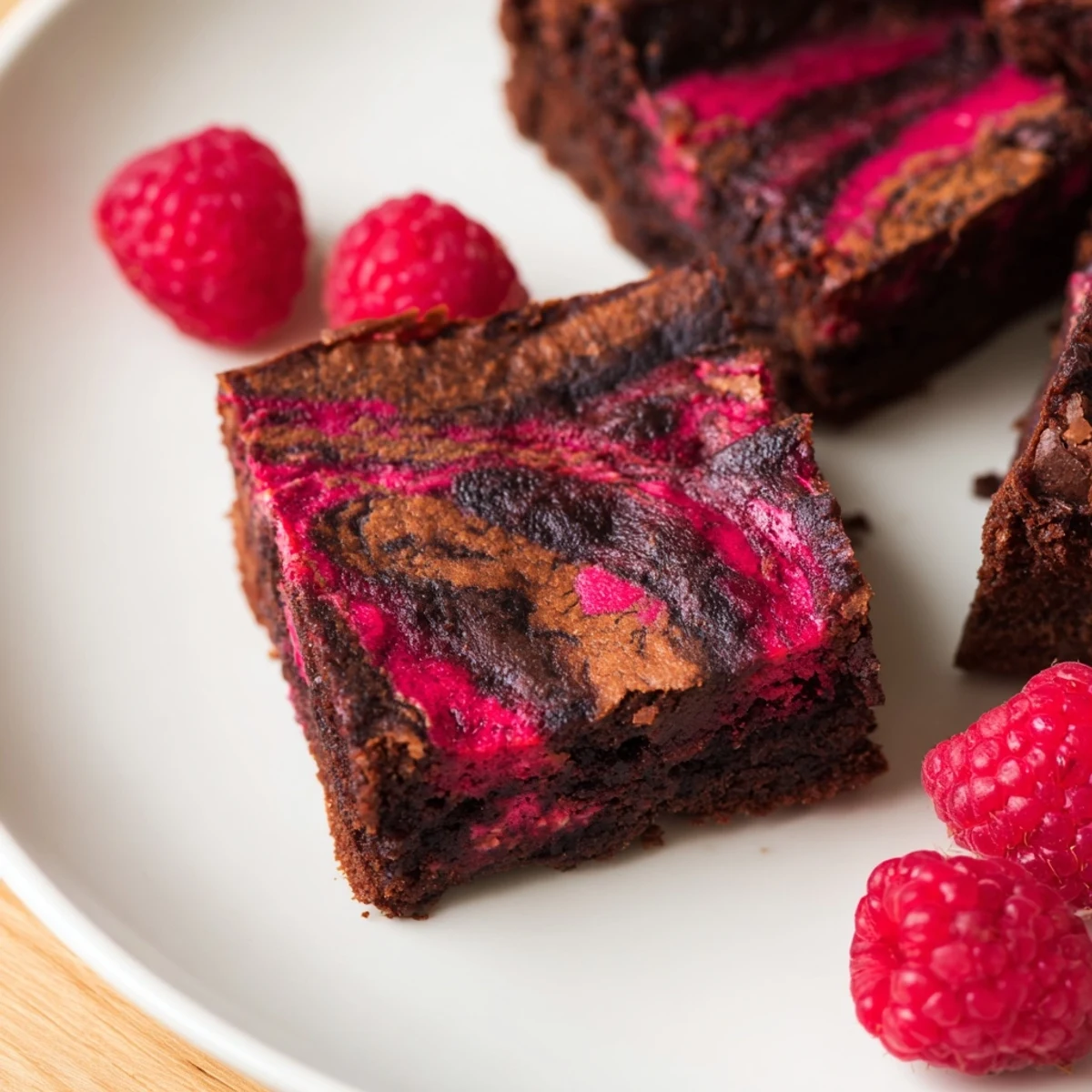 Freshly cut squares of Raspberry Swirl Brownies are served on a white plate, ready to enjoy with a glass of milk.