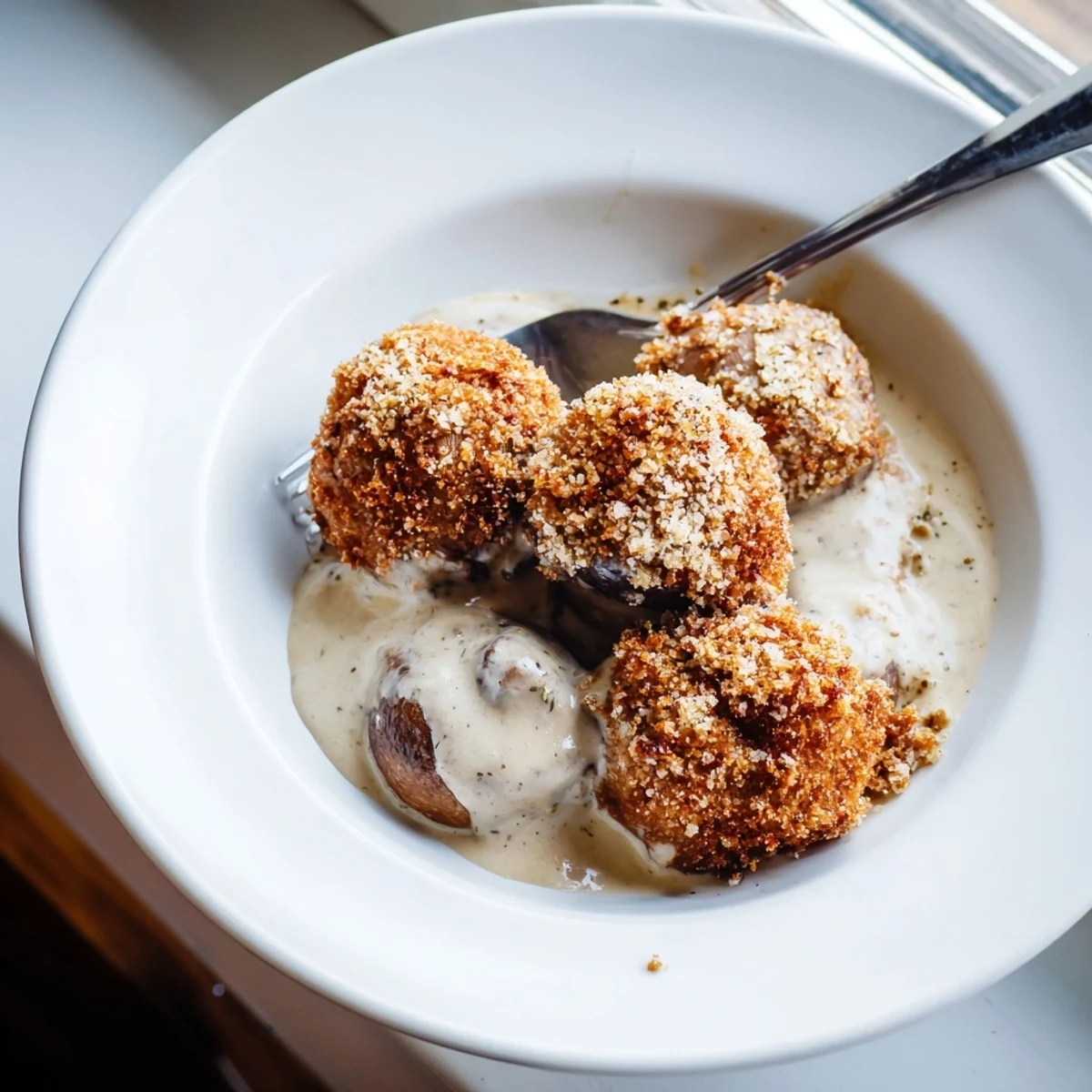 A close-up shows golden brown fried mushrooms with luscious gravy and fresh parsley garnish.