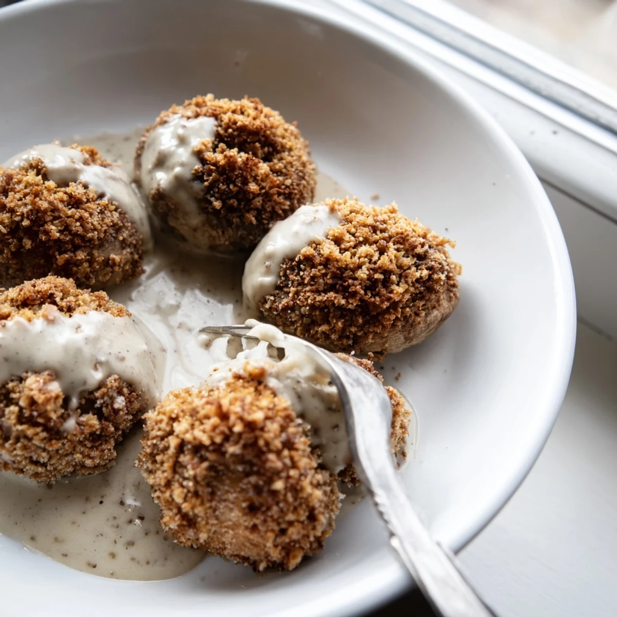 Crispy golden fried mushrooms are served with creamy peppery gravy for a satisfying vegetarian Southern dish.
