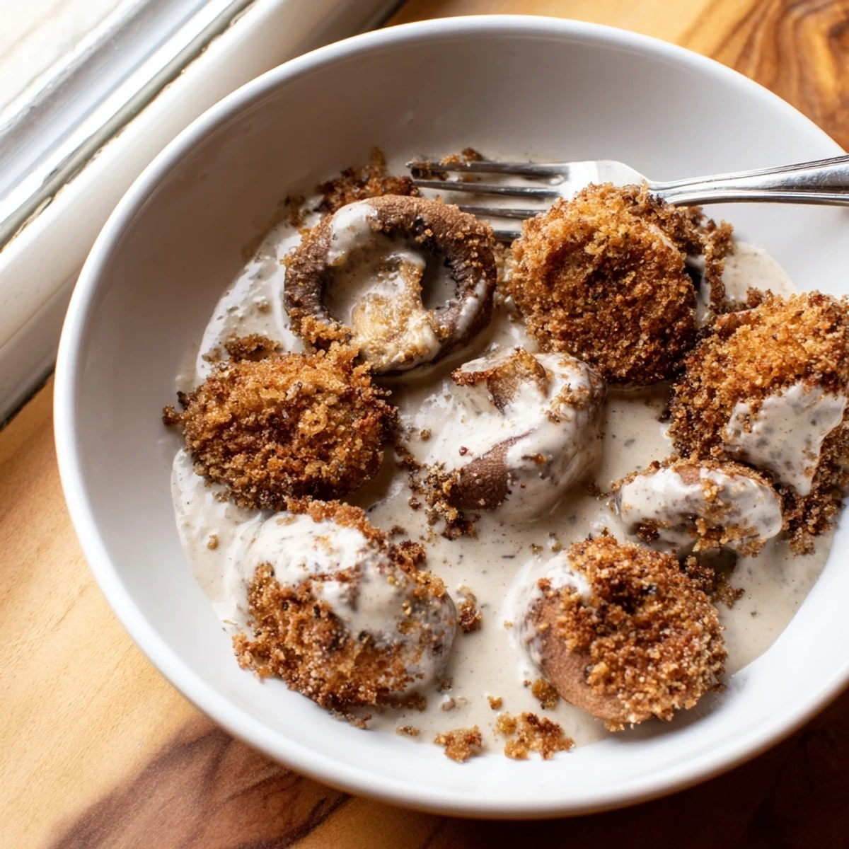 Tender cremini mushrooms are coated in seasoned breadcrumbs and fried until crisp.