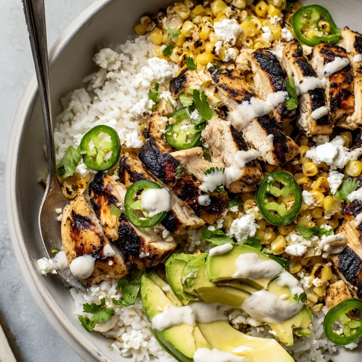 A Street Corn Chicken Bowl served with avocado, cilantro, cotija, and lime on rice.  