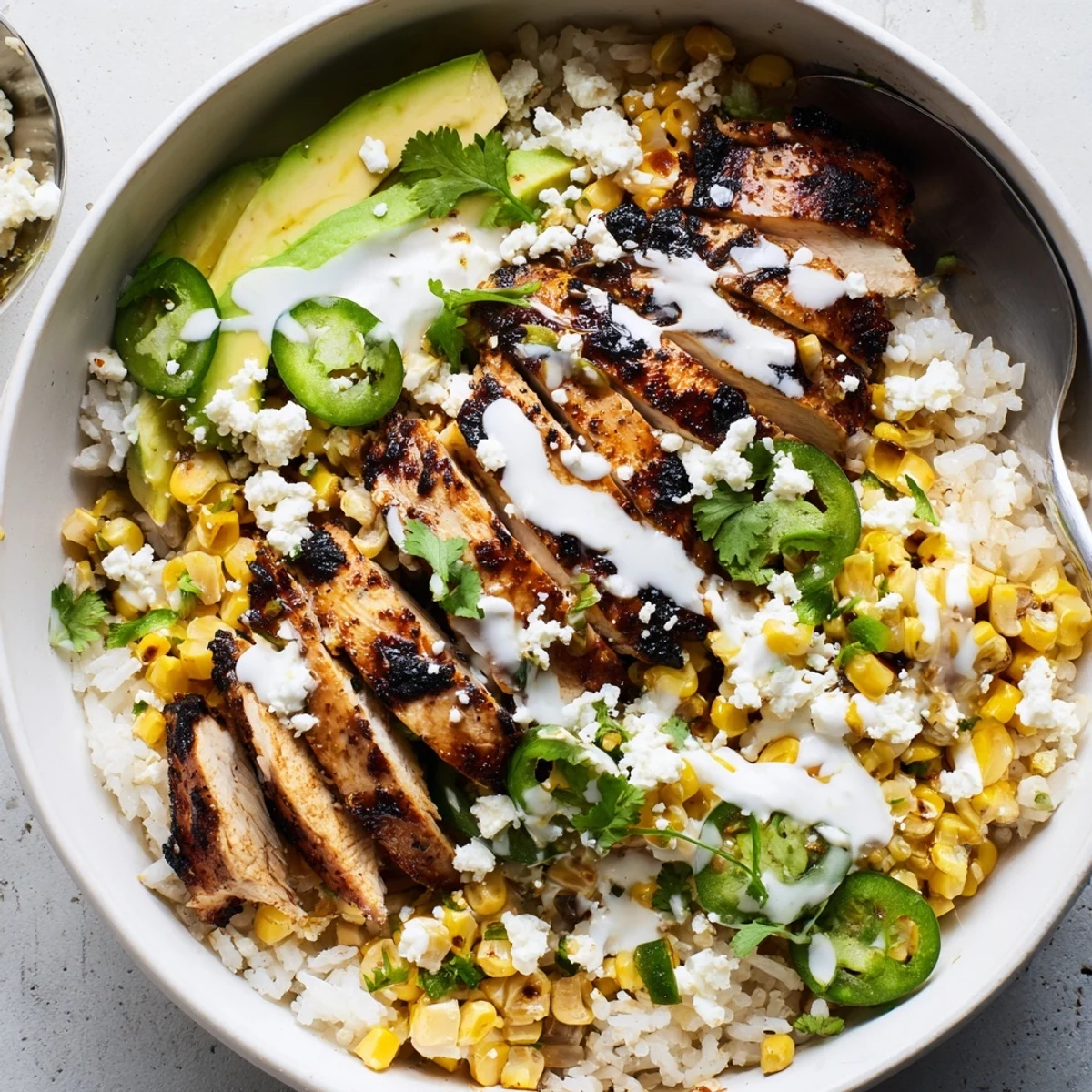 Hot Street Corn Chicken Bowl drizzled with tangy crema and topped with fresh jalapeño.