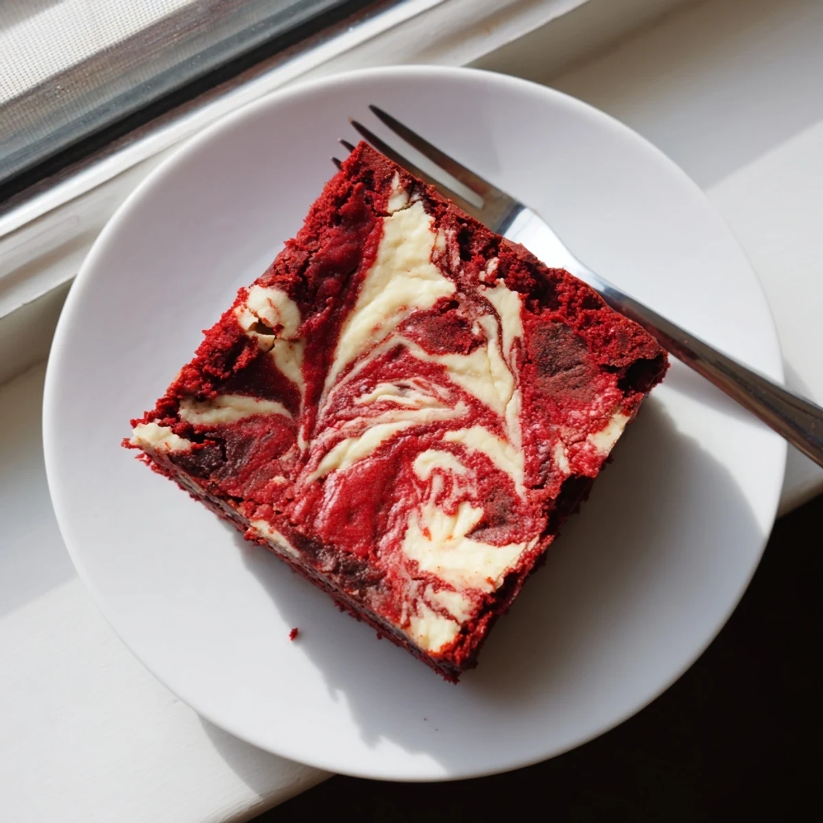 Fudgy Red Velvet Cheesecake Brownies with a marbled cream cheese swirl on a white plate.