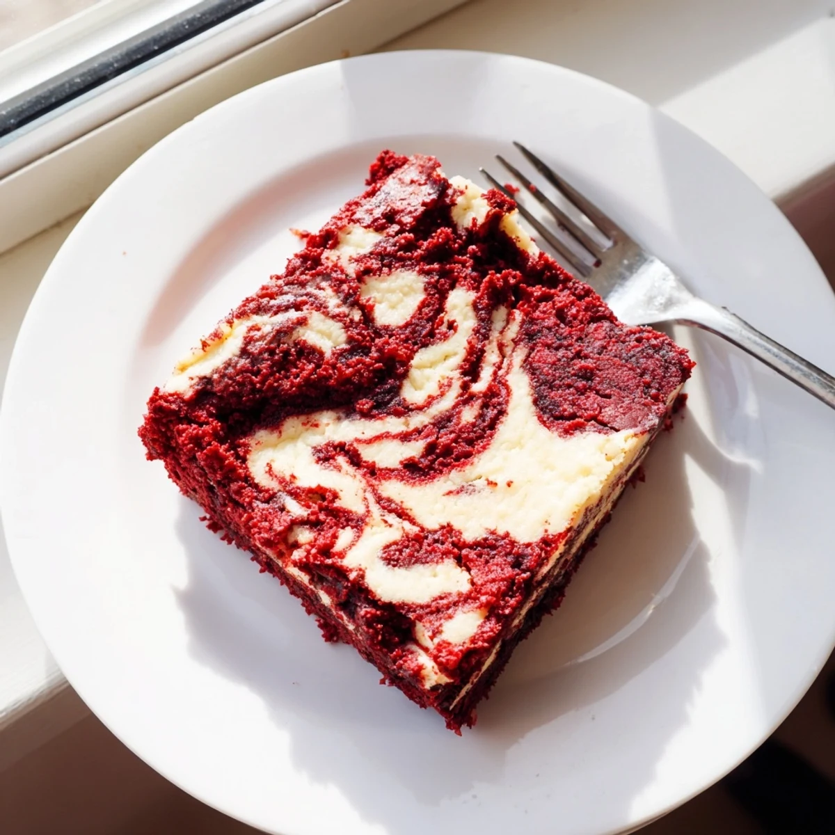 The Red Velvet Cheesecake Brownies feature moist red crumbs topped with creamy cheesecake ribbons for a sweet treat.