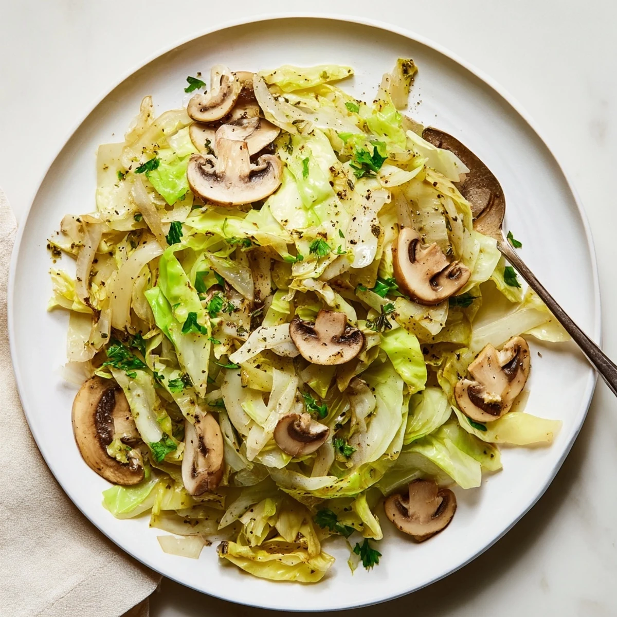 A close-up of vegetarian cabbage mushroom sauté with garlic and herbs, sizzling in a skillet. 