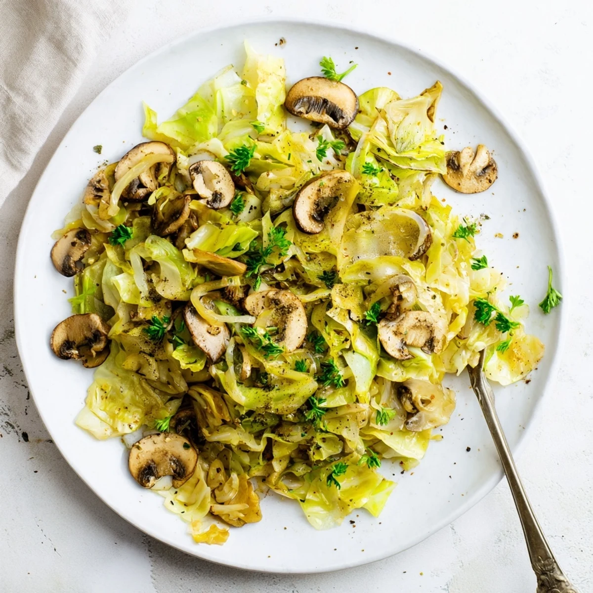 The finished vegetarian cabbage mushroom sauté garnished with fresh parsley, ready to enjoy or with quinoa.
