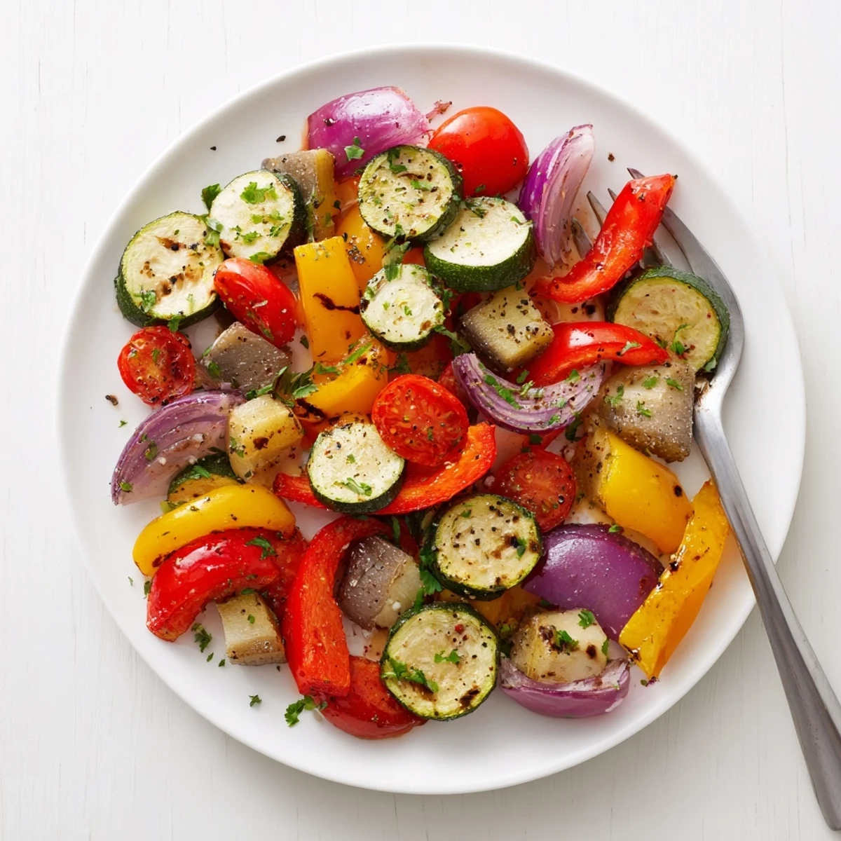 Golden-brown Italian Roasted Vegetables arranged on a baking sheet, featuring zucchini, bell peppers, and eggplant with fresh parsley garnish.
