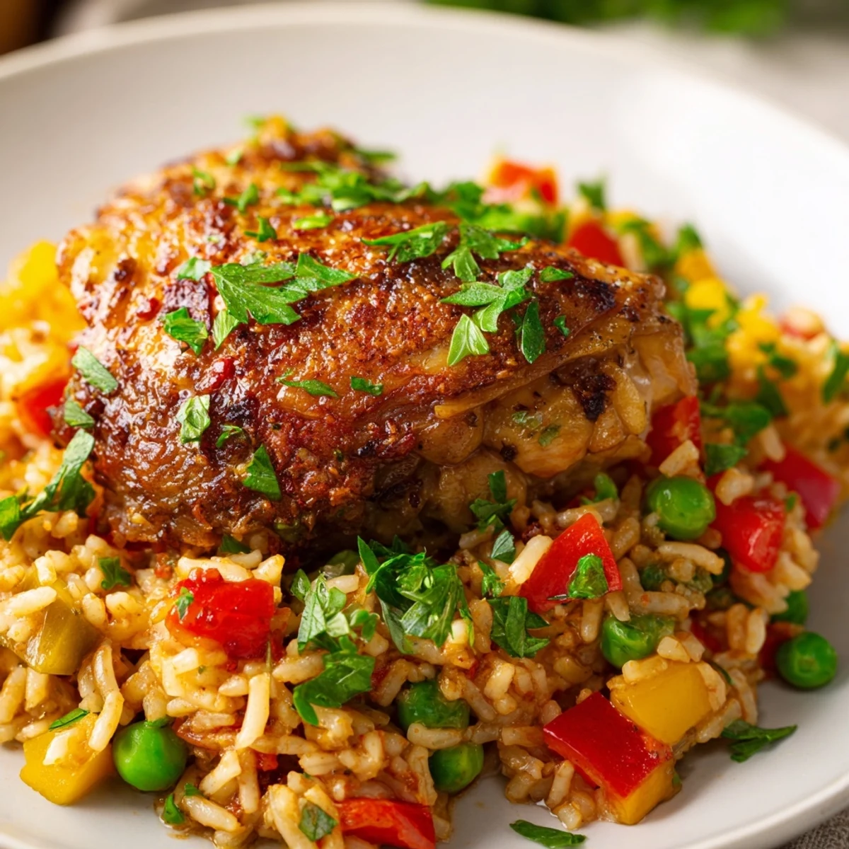 Golden-brown chicken thighs baked atop fluffy saffron rice, with vibrant red and yellow bell peppers and peas in a one-pan Spanish chicken and rice bake.