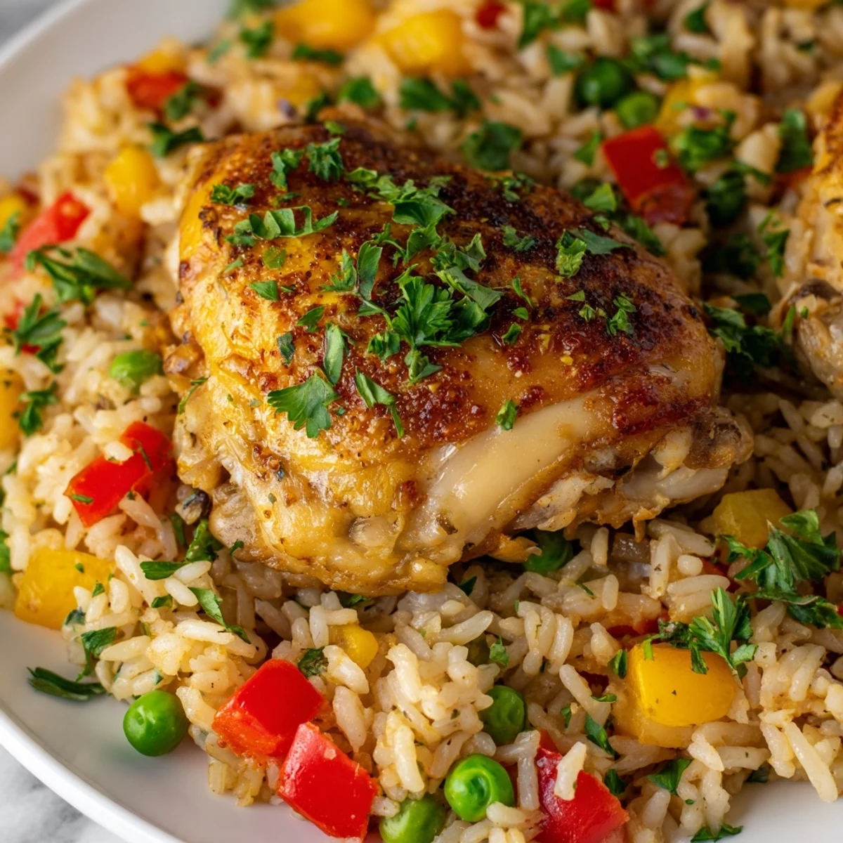Family-style serving of the gluten-free Spanish chicken and rice bake with lemon wedges, showcasing the tender meat and aromatic rice in a rustic pan.