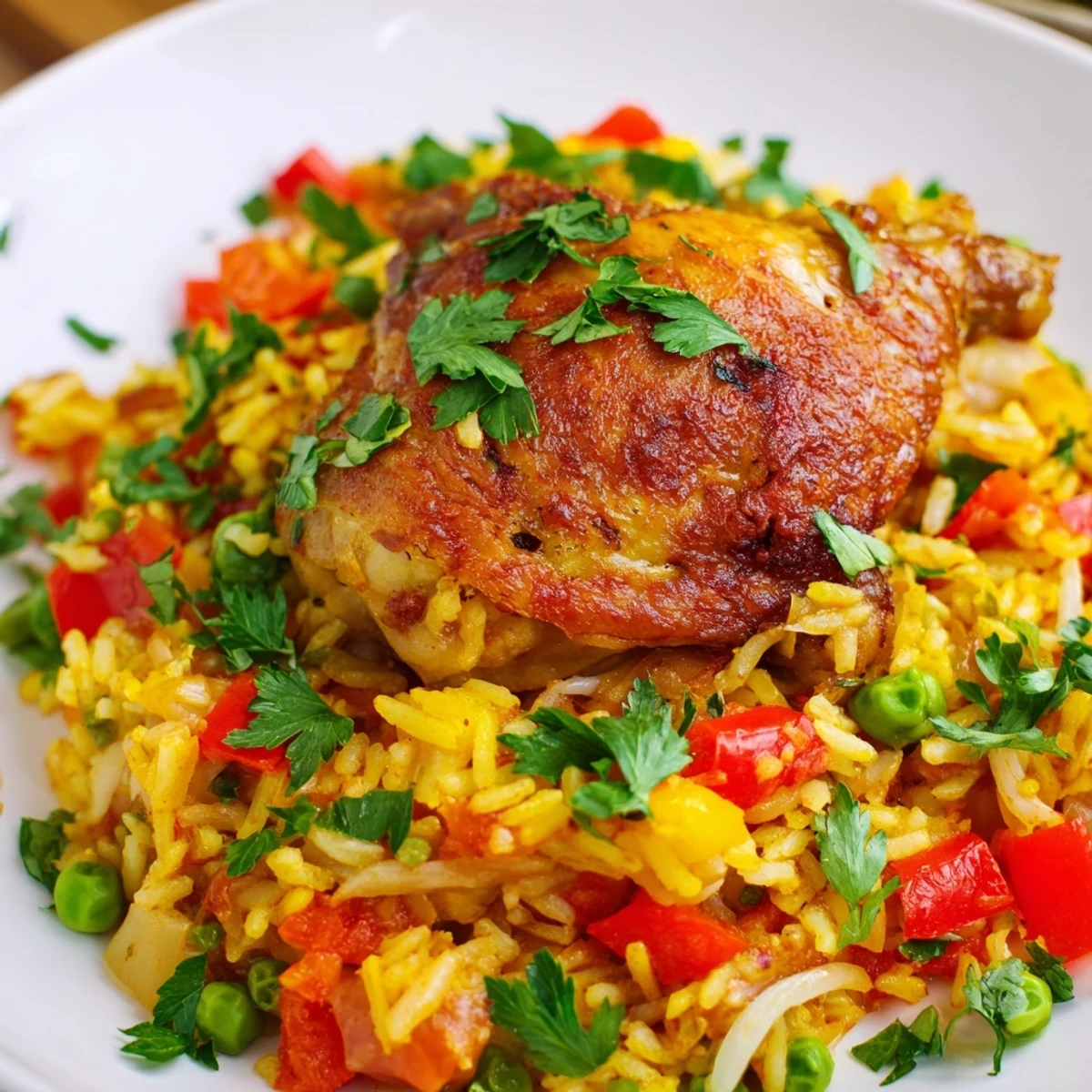 A close-up view of the juicy, seasoned chicken and colorful vegetables in the savory One Pan Spanish Chicken and Rice Bake, garnished with fresh parsley.