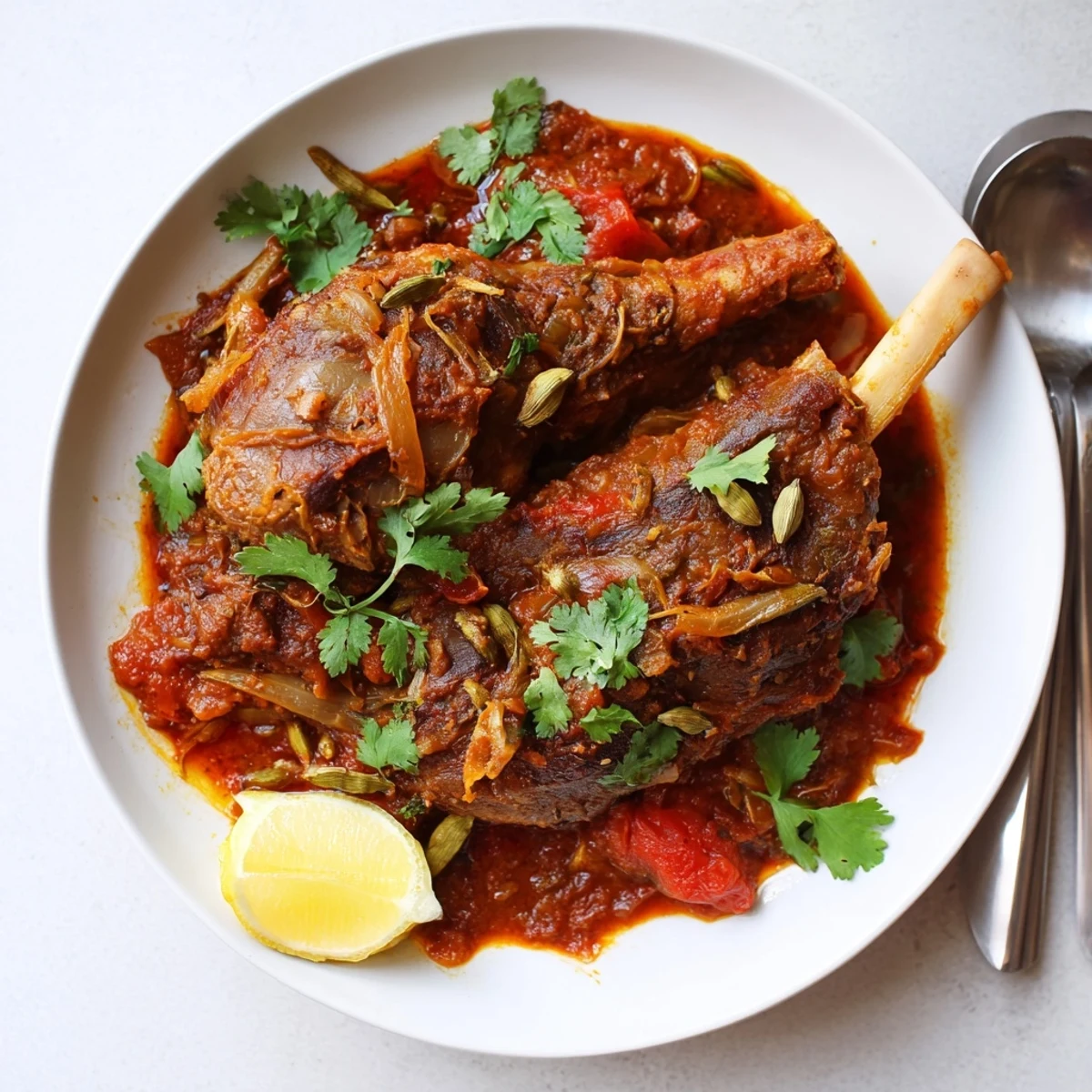 Fork-tender Slow Cooked Indian Lamb Shanks glistening in a rich, aromatic curry sauce, served over fluffy basmati rice for a comforting meal.
