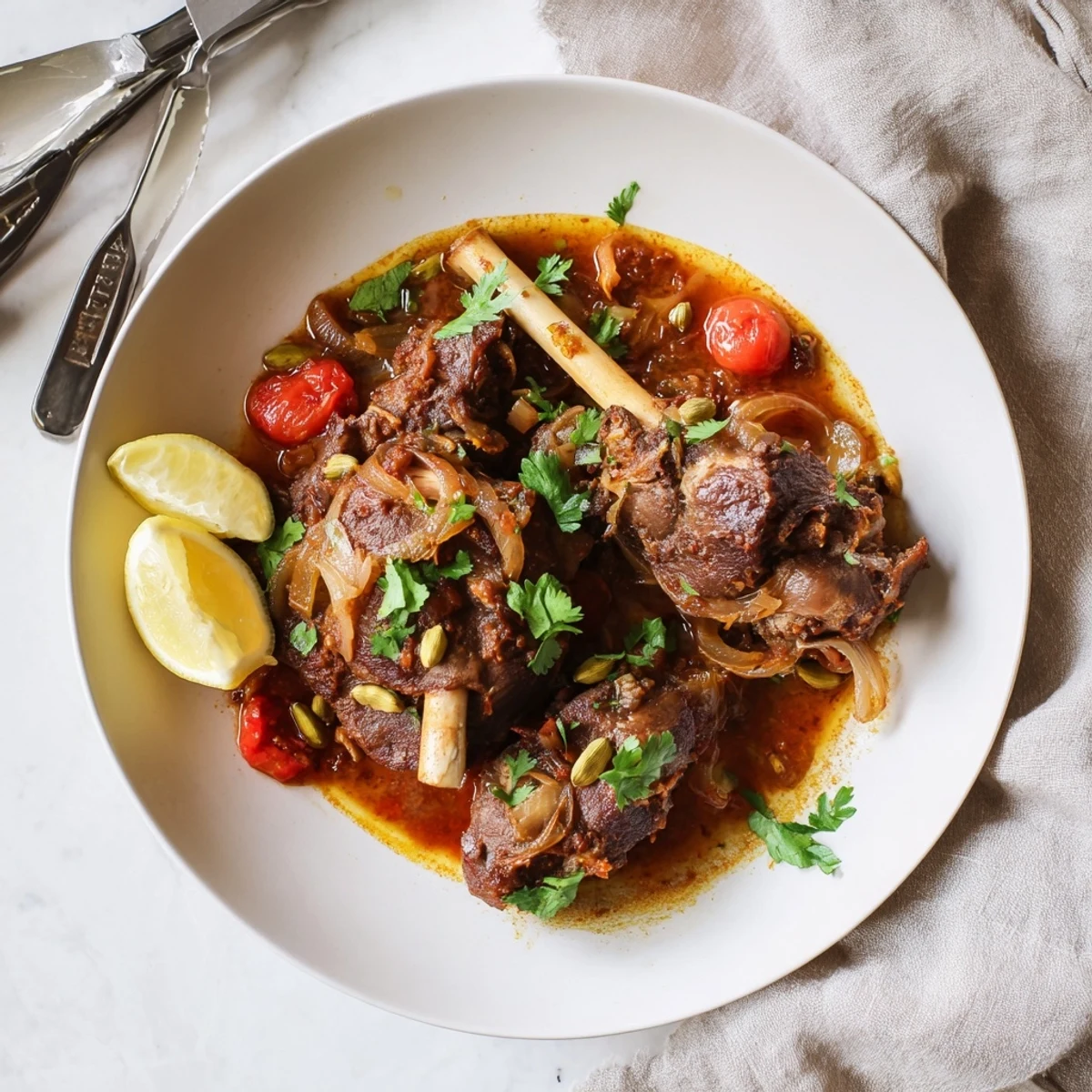 A close-up of Slow Cooked Indian Lamb Shanks reveals succulent, slow-braised meat in a thick, spiced gravy, perfect for scooping with naan bread.